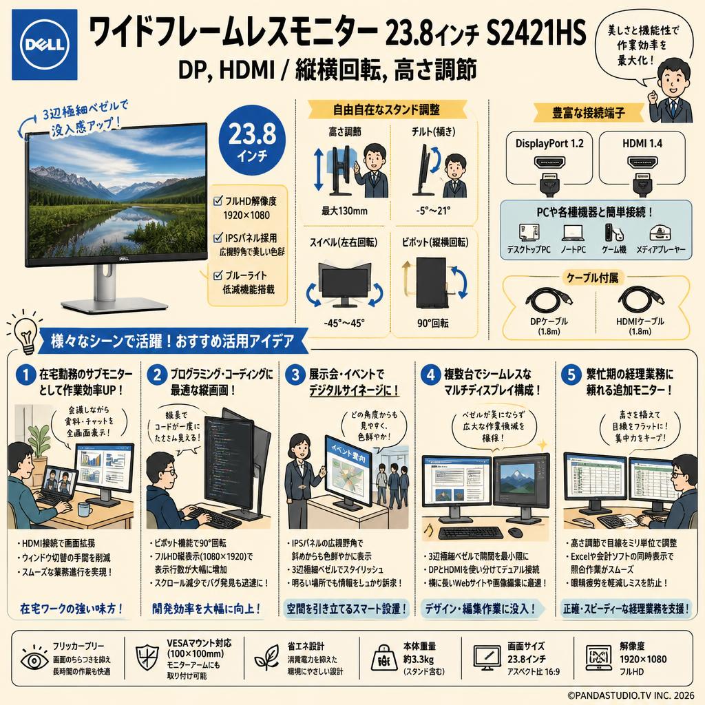 Dell ワイドフレームレスモニター 23.8インチ S2421HS DP,HDMI/縦横回転,高さ調節 用途