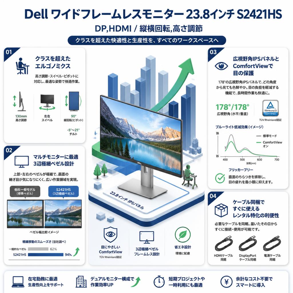 Dell ワイドフレームレスモニター 23.8インチ S2421HS DP,HDMI/縦横回転,高さ調節 セールスポイント