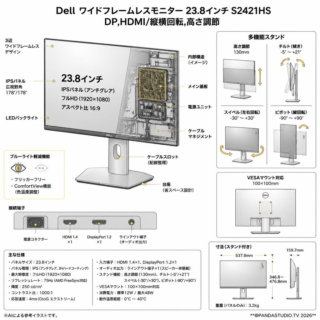 Dell ワイドフレームレスモニター 23.8インチ S2421HS DP,HDMI/縦横回転,高さ調節 スペック