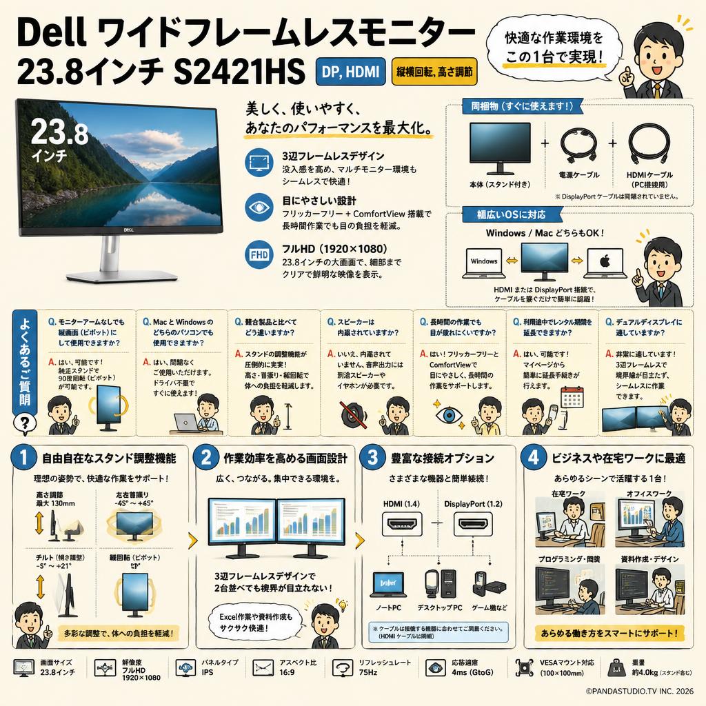 Dell ワイドフレームレスモニター 23.8インチ S2421HS DP,HDMI/縦横回転,高さ調節 FAQ（よくある質問と答え）