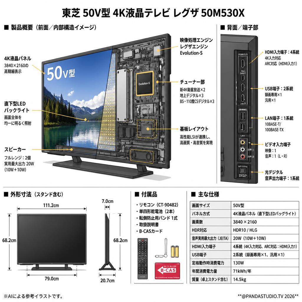 東芝 50V型 4K液晶テレビ レグザ50M530X【クロネコ発送不可/佐川急便配送】 スペック
