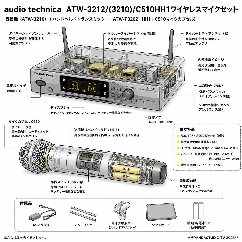 audio technica  ATW-3212/(3210)/C510HH1ワイヤレスマイクセット スペック