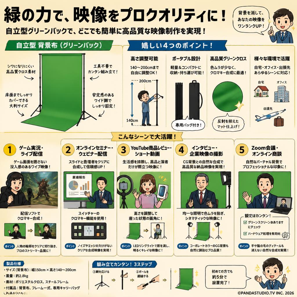 背景布 緑 クロマキー 撮影用 グリーンバック 自立型 ポータブル 高さ調整可能 部屋で動画撮影 zoom会議 ライブ (緑) 用途