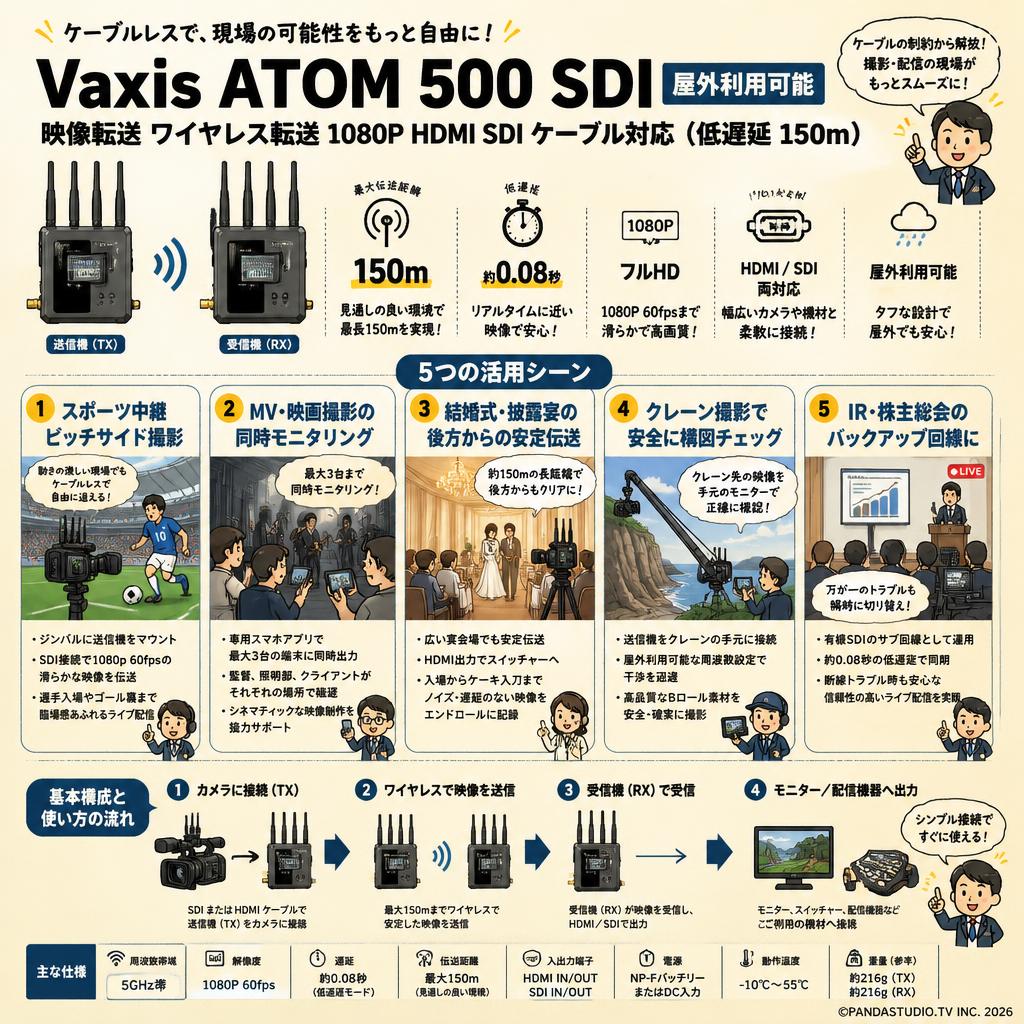 Vaxis ATOM 500 SDI [屋外利用可能] 映像転送 ワイヤレス転送 1080P HDMI SDI ケーブル対応（低遅延 150ｍ） 用途