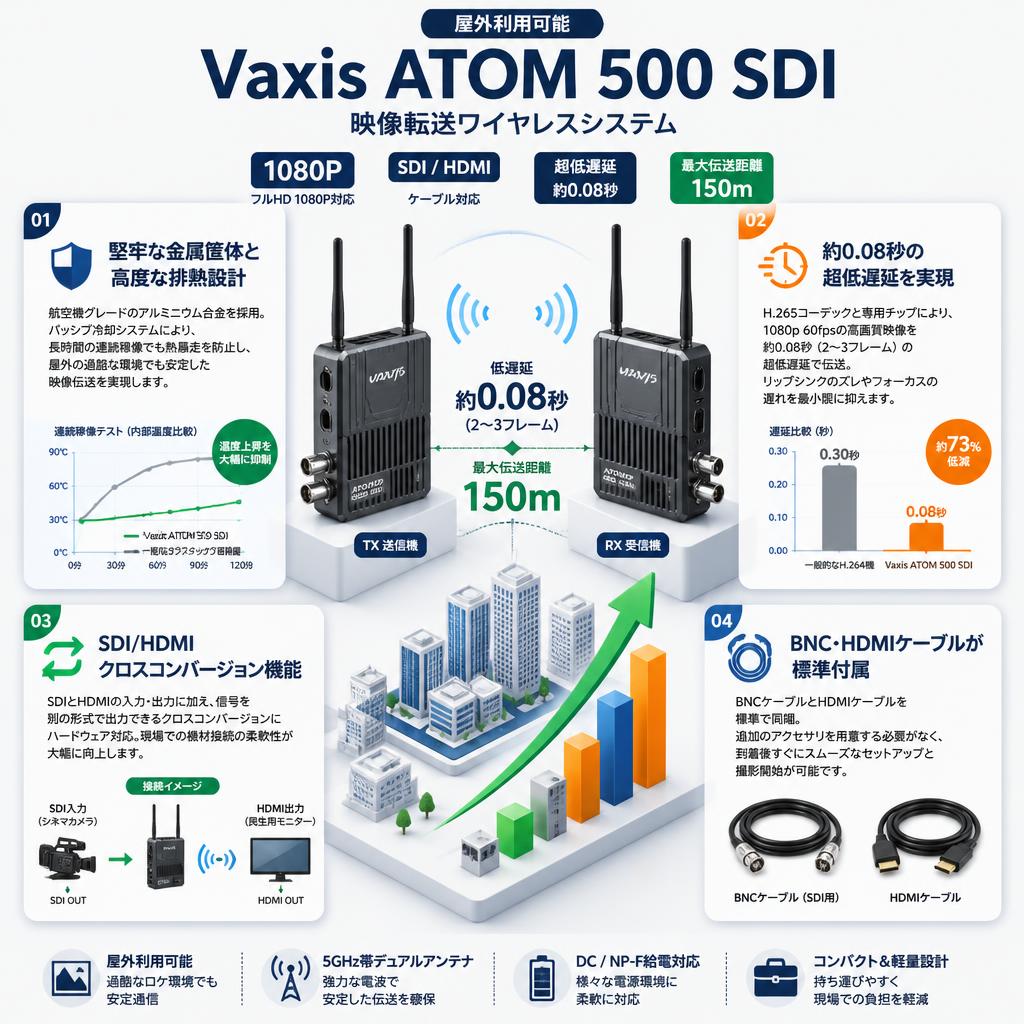 Vaxis ATOM 500 SDI [屋外利用可能] 映像転送 ワイヤレス転送 1080P HDMI SDI ケーブル対応（低遅延 150ｍ） セールスポイント