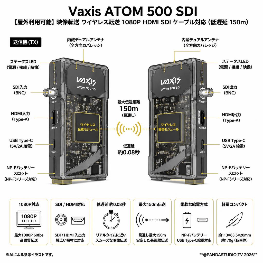 Vaxis ATOM 500 SDI [屋外利用可能] 映像転送 ワイヤレス転送 1080P HDMI SDI ケーブル対応（低遅延 150ｍ） スペック