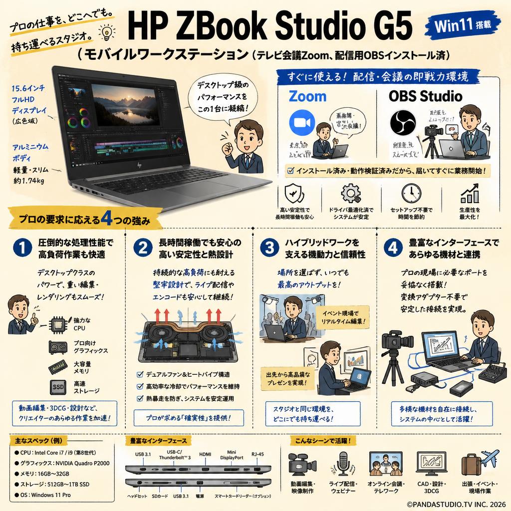 HP ZBook Studio G5 Mobile workstation（テレビ会議Zoom、配信用 OBSインストール済）Win11 概要