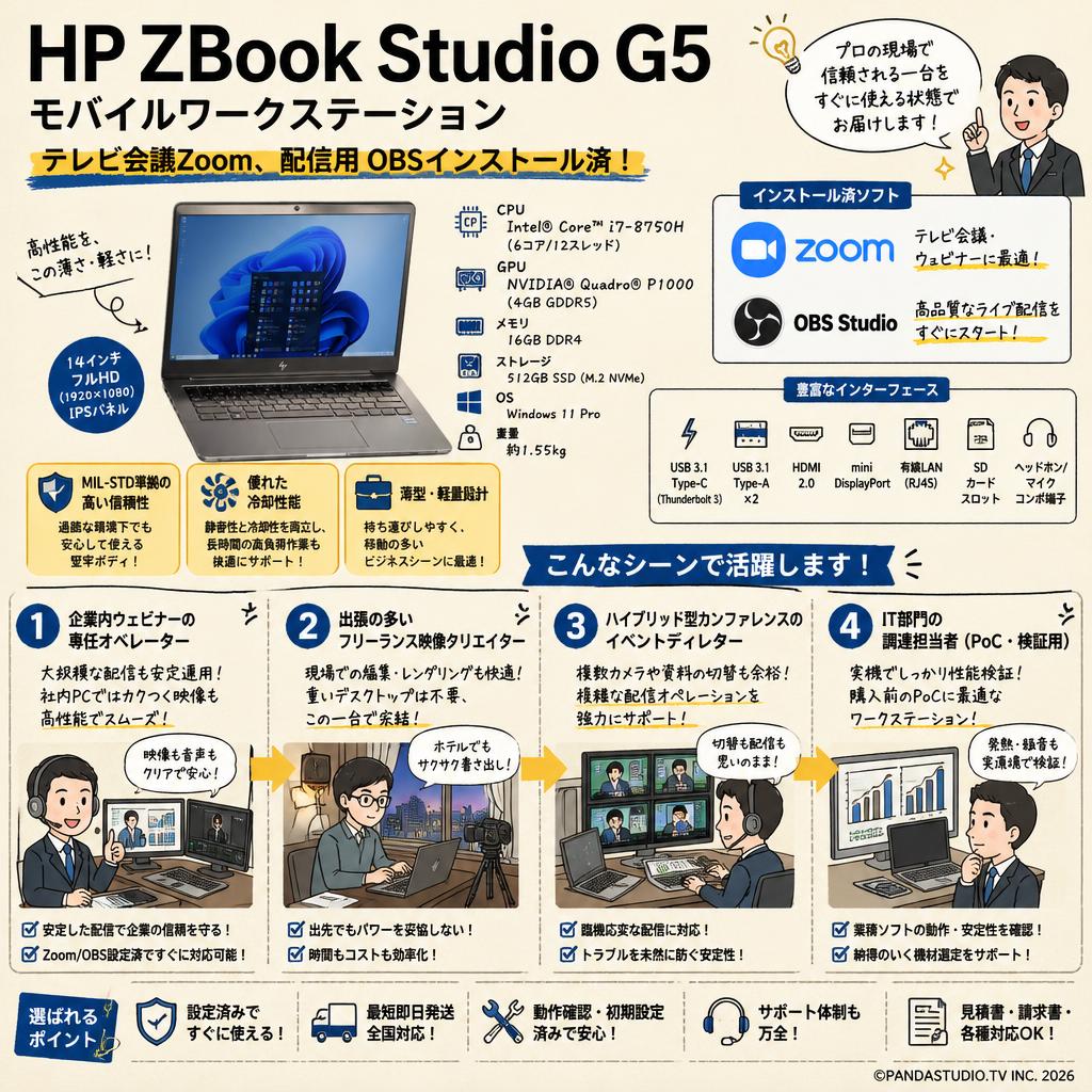 HP ZBook Studio G5 Mobile workstation（テレビ会議Zoom、配信用 OBSインストール済）Win11 おもな対象のお客様