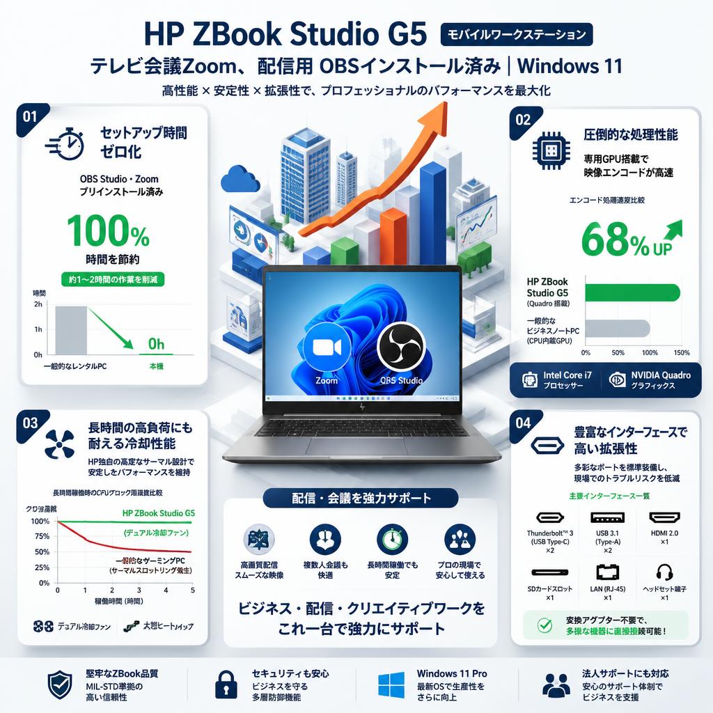 HP ZBook Studio G5 Mobile workstation（テレビ会議Zoom、配信用 OBSインストール済）Win11 セールスポイント