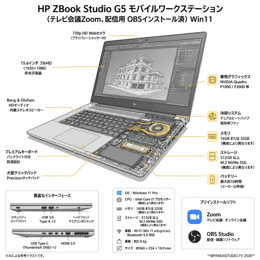 HP ZBook Studio G5 Mobile workstation（テレビ会議Zoom、配信用 OBSインストール済）Win11 スペック