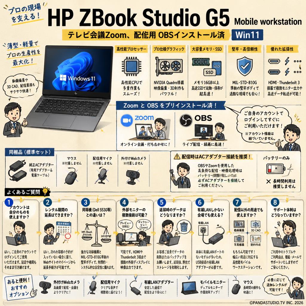 HP ZBook Studio G5 Mobile workstation（テレビ会議Zoom、配信用 OBSインストール済）Win11 FAQ（よくある質問と答え）