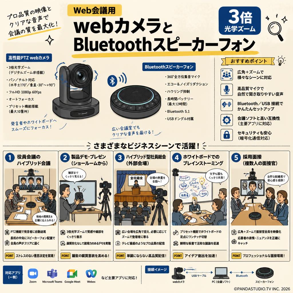 Web会議用 webカメラとBluetoothスピーカーフォン 3倍光学ズーム 用途
