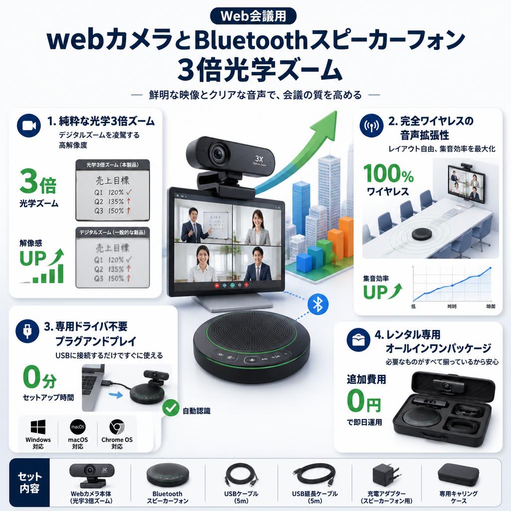 Web会議用 webカメラとBluetoothスピーカーフォン 3倍光学ズーム セールスポイント
