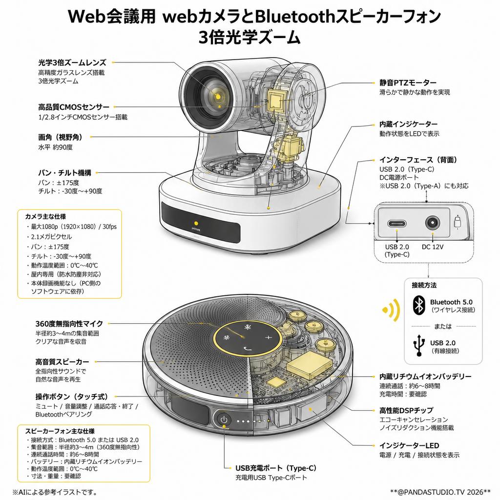 Web会議用 webカメラとBluetoothスピーカーフォン 3倍光学ズーム スペック