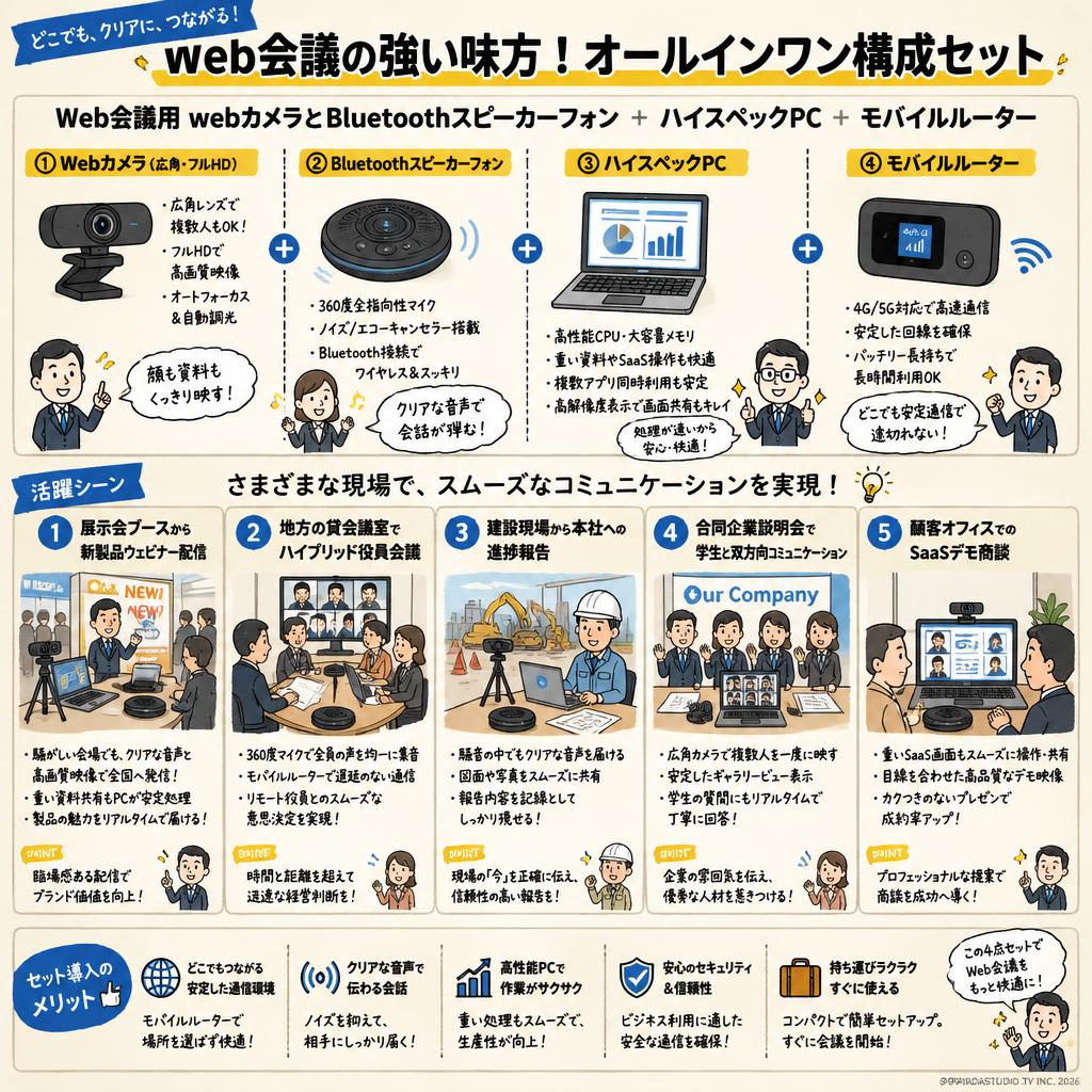 Web会議用 webカメラとBluetoothスピーカーフォン ＋ ハイスペックPC ＋ モバイルルーター 用途