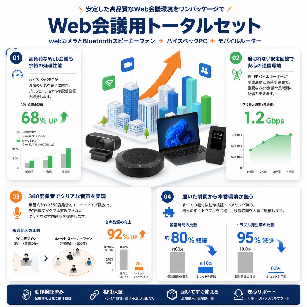 Web会議用 webカメラとBluetoothスピーカーフォン ＋ ハイスペックPC ＋ モバイルルーター セールスポイント