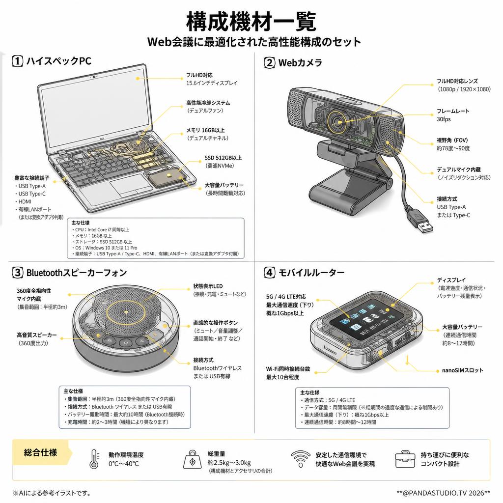 Web会議用 webカメラとBluetoothスピーカーフォン ＋ ハイスペックPC ＋ モバイルルーター スペック