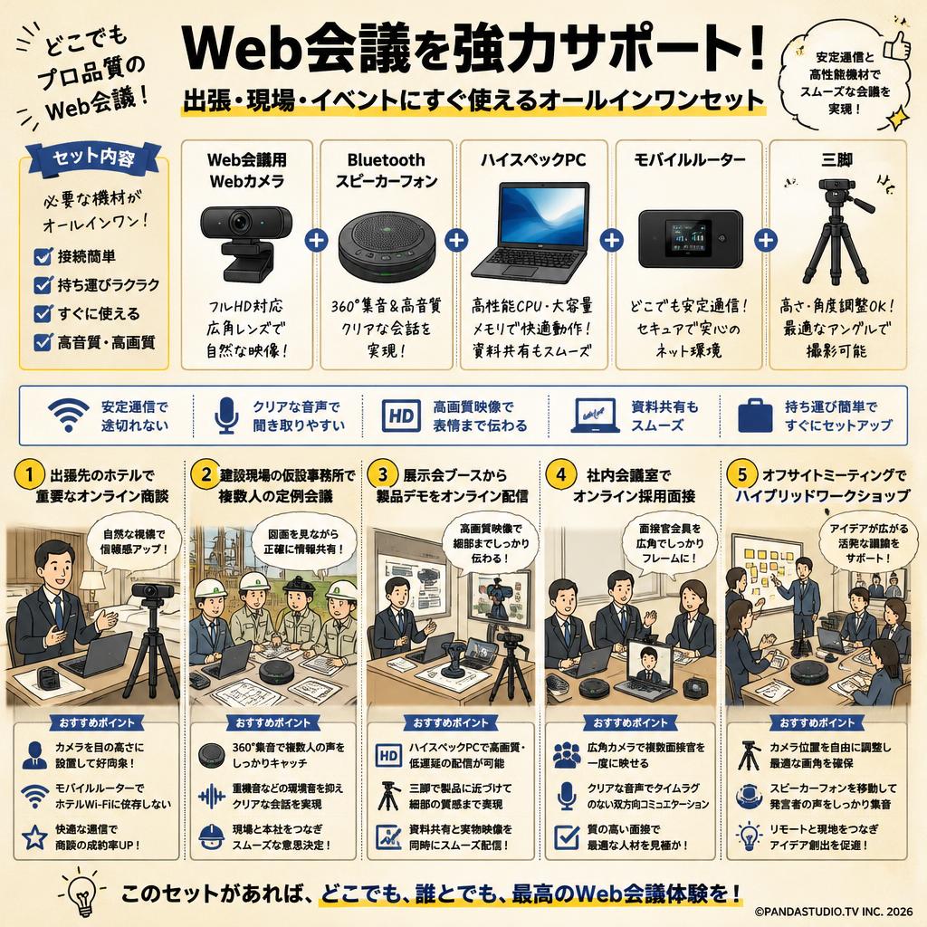 Web会議用 webカメラとBluetoothスピーカーフォン ＋ ハイスペックPC ＋ モバイルルーター ＋ 三脚セット 用途