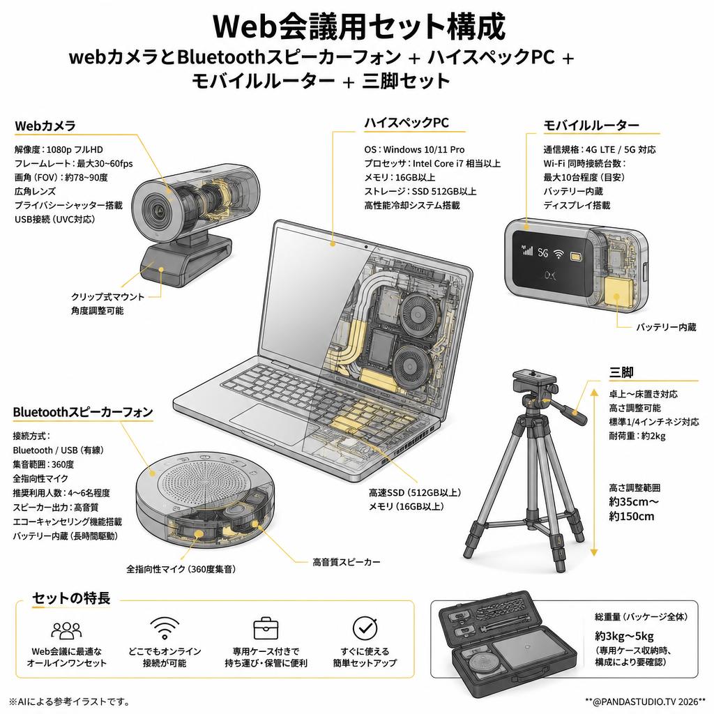 Web会議用 webカメラとBluetoothスピーカーフォン ＋ ハイスペックPC ＋ モバイルルーター ＋ 三脚セット スペック