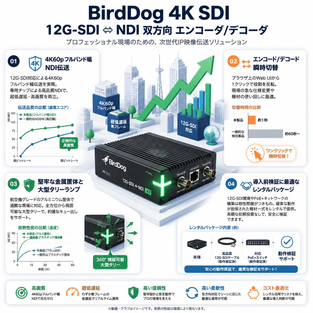 BirdDog 4K SDI 12G-SDI ⇔ NDI 双方向 エンコーダ/デコーダ セールスポイント