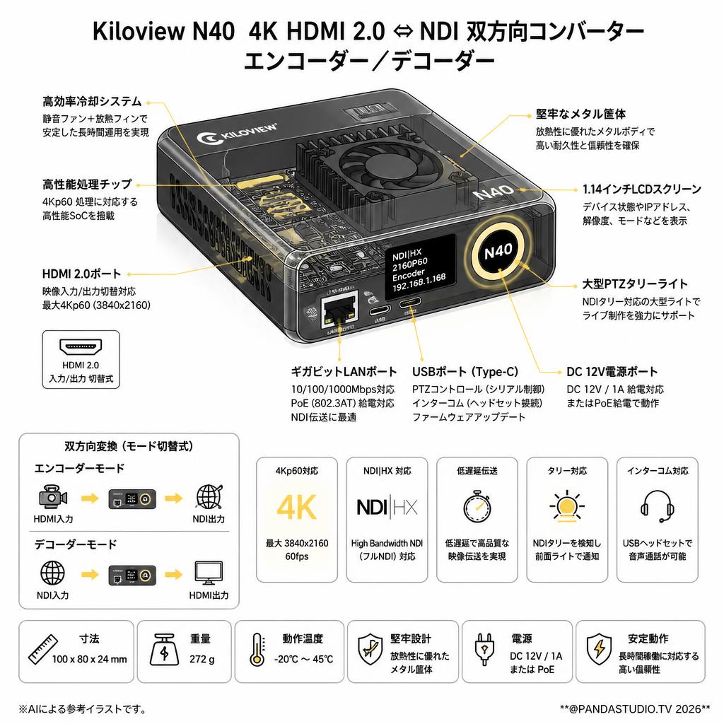 Kiloview N40  4K HDMI 2.0 ⇔NDI 双方向コンバーター エンコーダー／デコーダー スペック