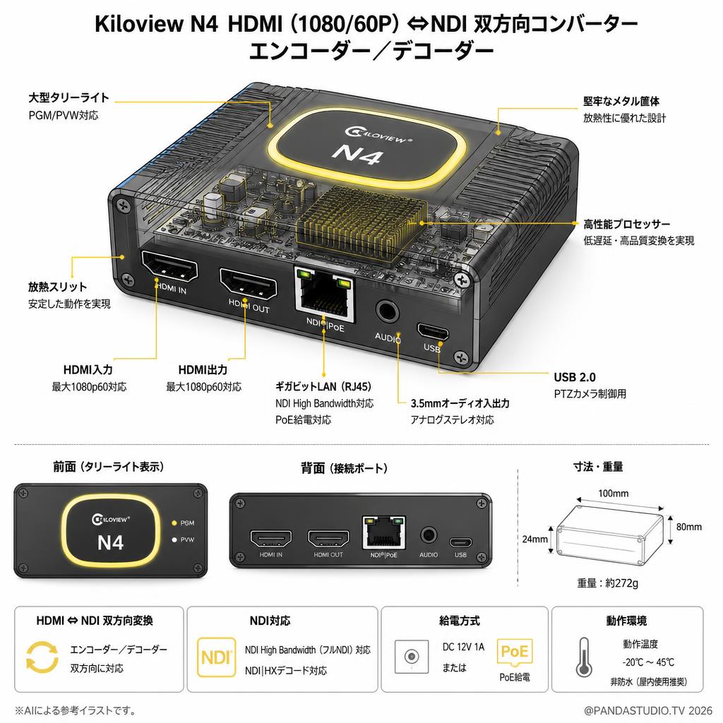 Kiloview N4  HDMI（1080/60P）⇔NDI 双方向コンバーター エンコーダー／デコーダー スペック