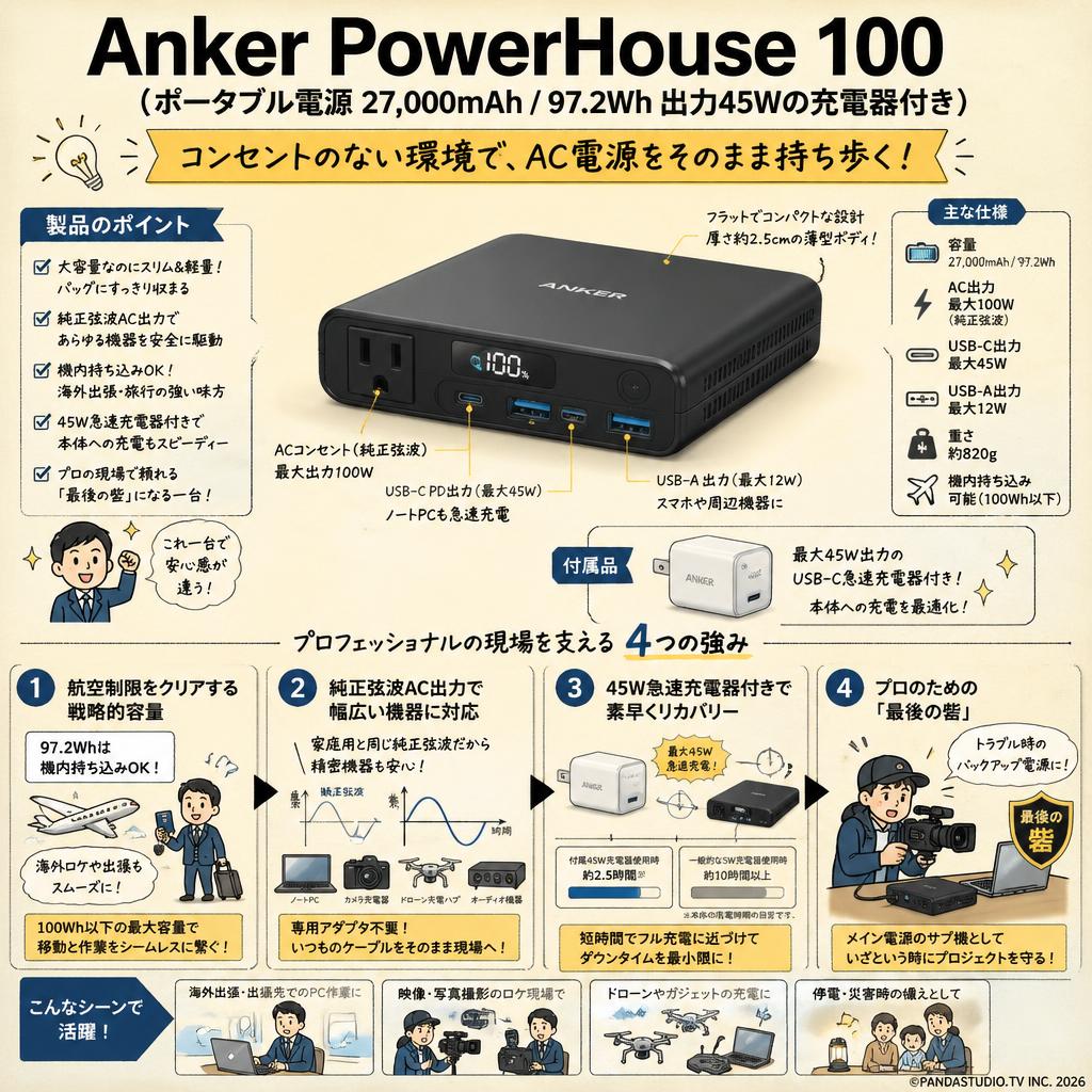 Anker PowerHouse 100 (ポータブル電源 27,000mAh / 97.2Wh 出力45Wの充電器付き) 概要