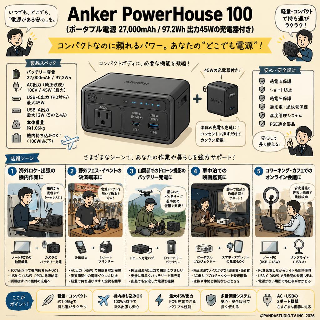 Anker PowerHouse 100 (ポータブル電源 27,000mAh / 97.2Wh 出力45Wの充電器付き) 用途