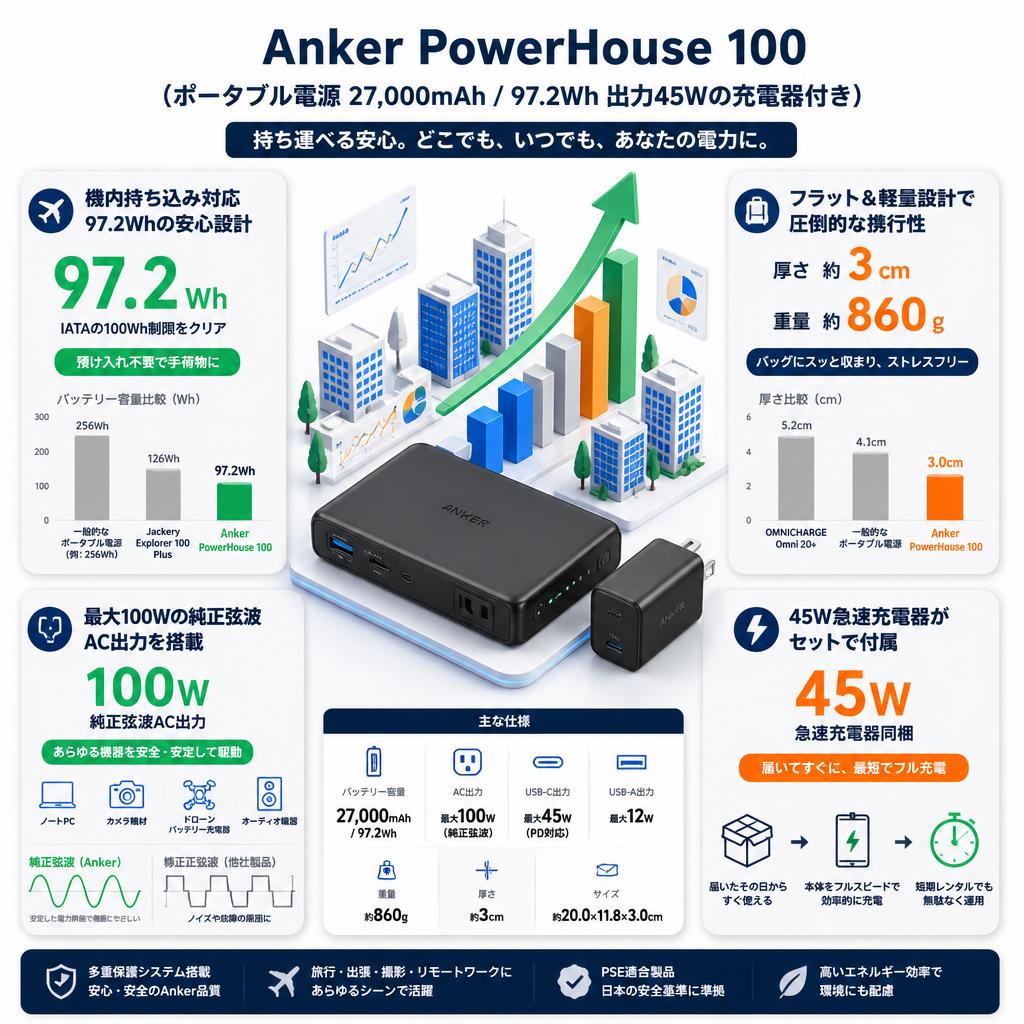 Anker PowerHouse 100 (ポータブル電源 27,000mAh / 97.2Wh 出力45Wの充電器付き) セールスポイント