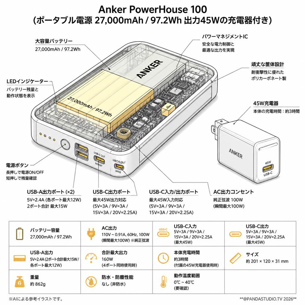 Anker PowerHouse 100 (ポータブル電源 27,000mAh / 97.2Wh 出力45Wの充電器付き) スペック