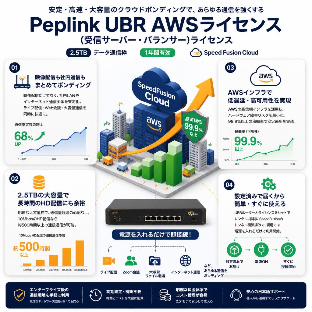 Peplink UBR AWSライセンス（受信サーバー・バランサー）ライセンス  2.5TB 1年間有効 Speed Fusion Cloud セールスポイント