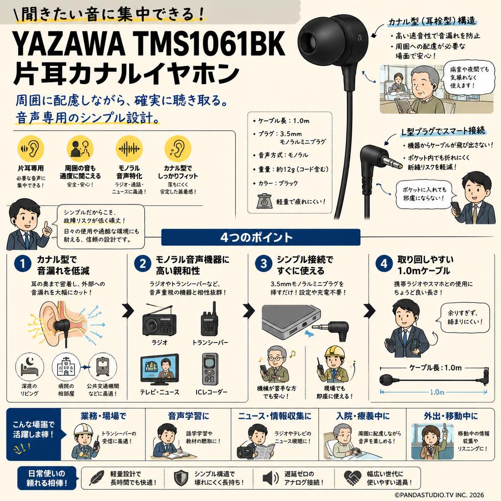Yazawa TMS1061BK 片耳カナルイヤホン 概要