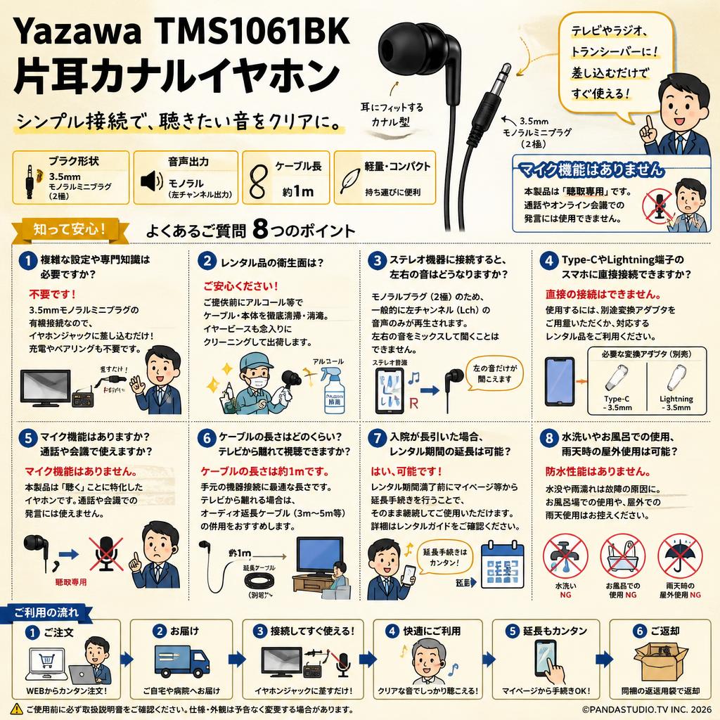 Yazawa TMS1061BK 片耳カナルイヤホン FAQ（よくある質問と答え）