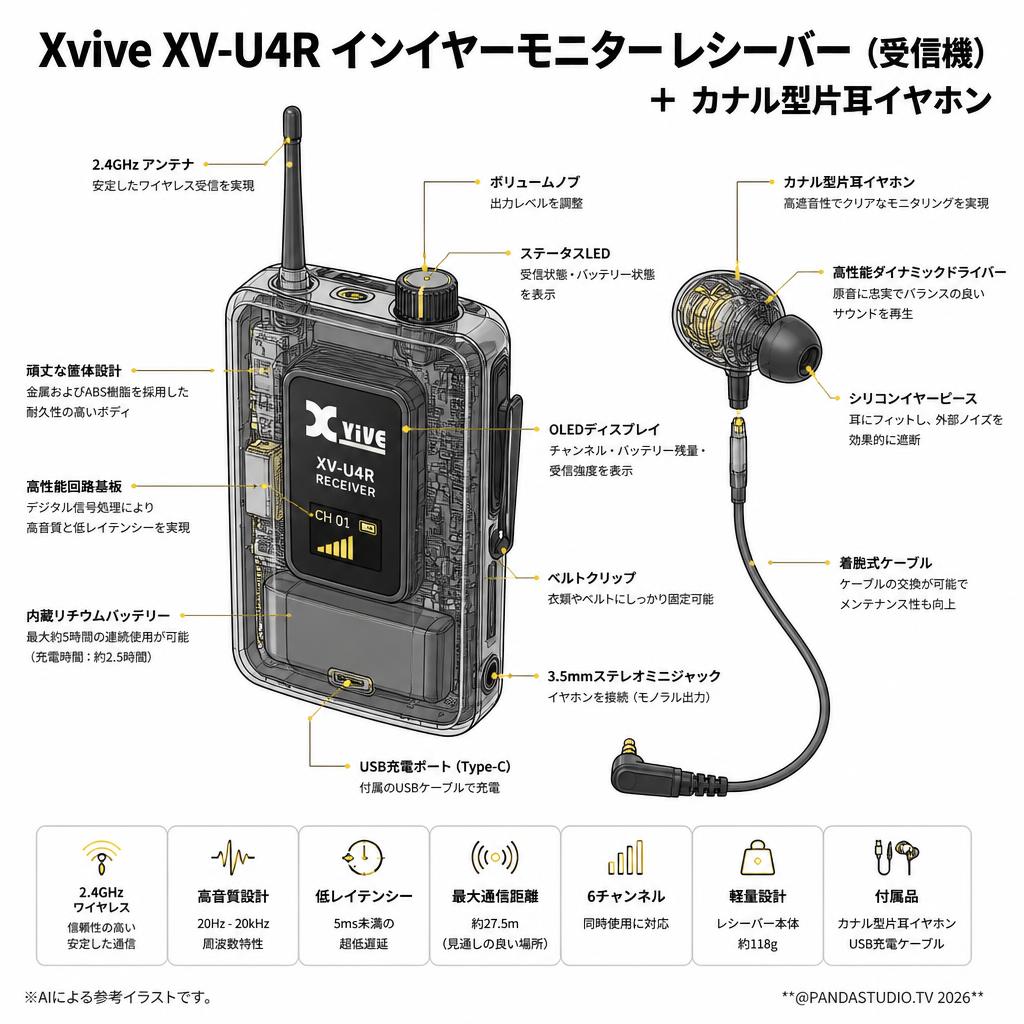 Xvive XV-U4R インイヤーモニター レシーバー（受信機）＋ カナル型片耳イヤホン スペック