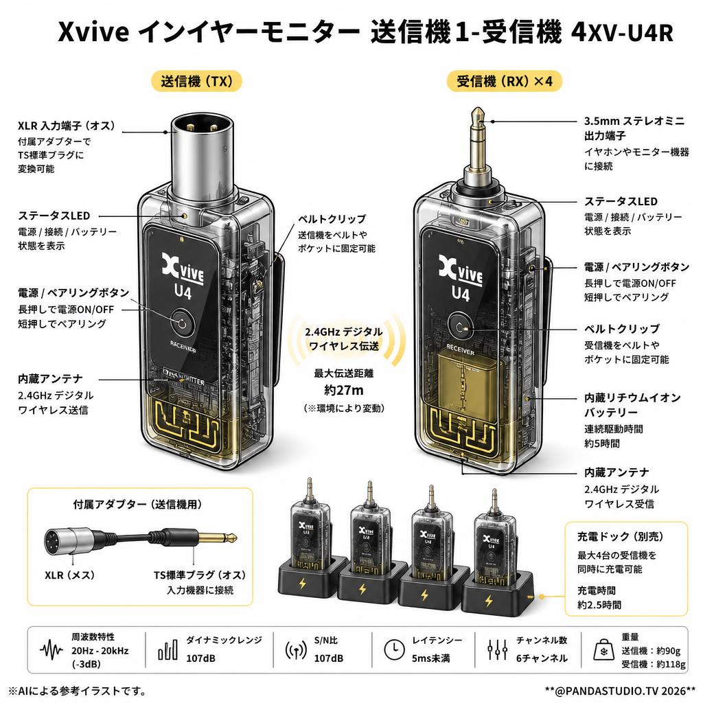 Xvive インイヤーモニター  送信機1-受信機 4XV-U4R スペック