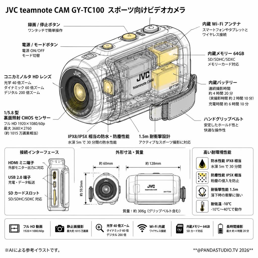 【レンタル割引キャンペーン実施中！】JVC teamnote CAM GY-TC100 スポーツ向けビデオカメラ 防水 抗菌対応 スペック