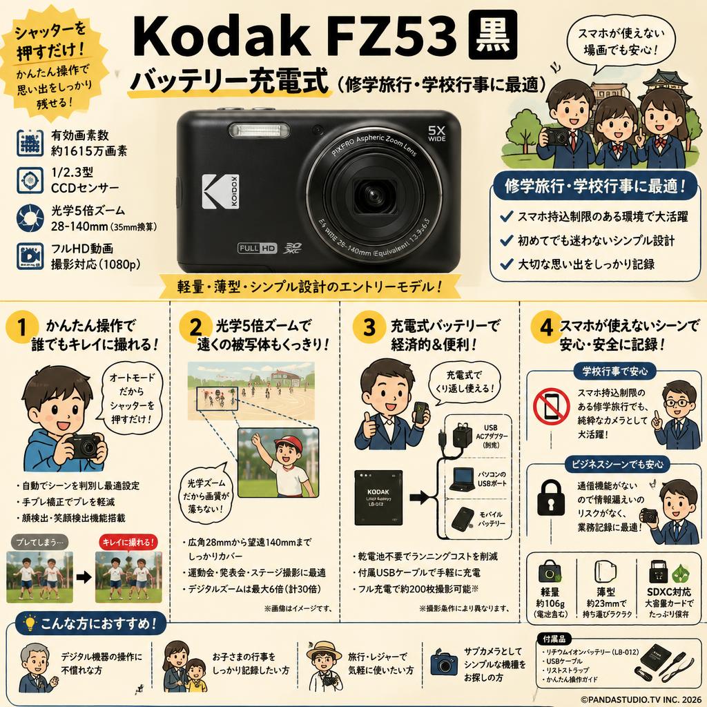 Kodak FZ53 黑 バッテリー充電式（修学旅行・学校行事に最適） 概要