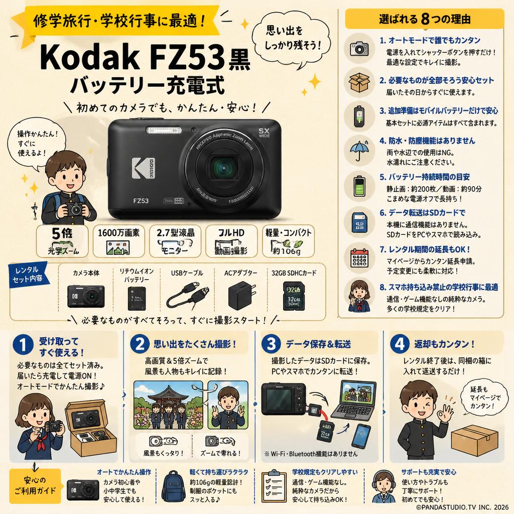 Kodak FZ53 黑 バッテリー充電式（修学旅行・学校行事に最適） FAQ（よくある質問と答え）