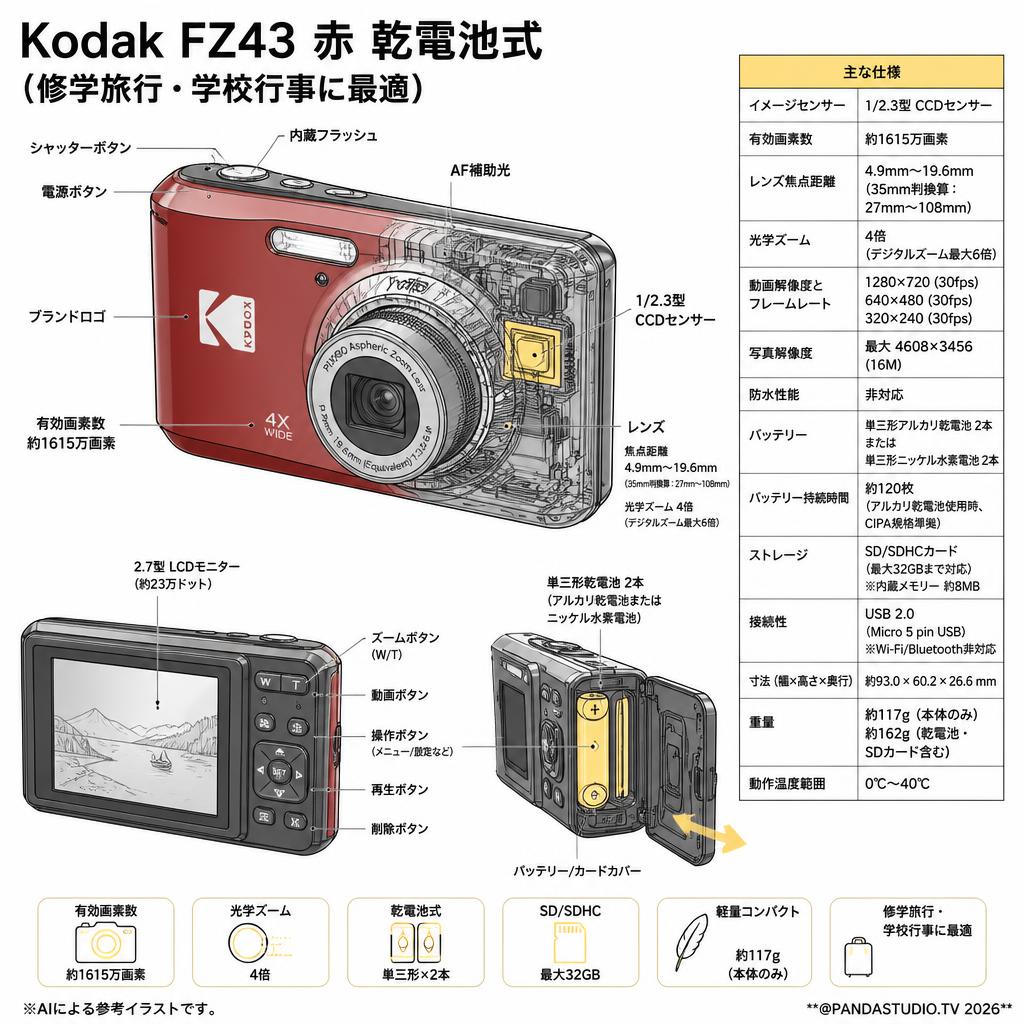 Kodak FZ43 赤 乾電池式（修学旅行・学校行事に最適） スペック