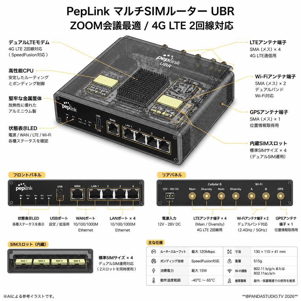 PepLink マルチSIMルーター UBR /ZOOM会議最適/4G LTE 2回線対応 スペック