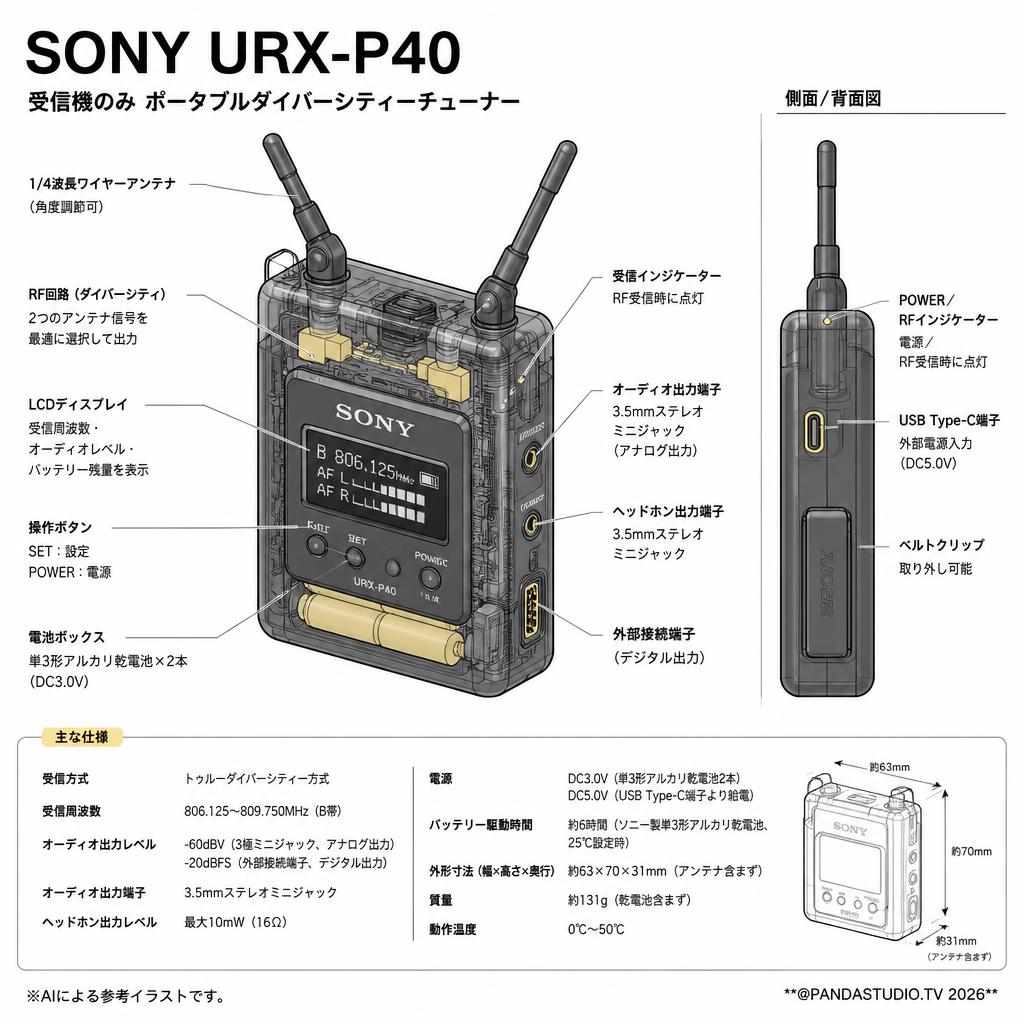 SONY URX-P40 受信機のみ ポータブルダイバーシティーチューナー スペック