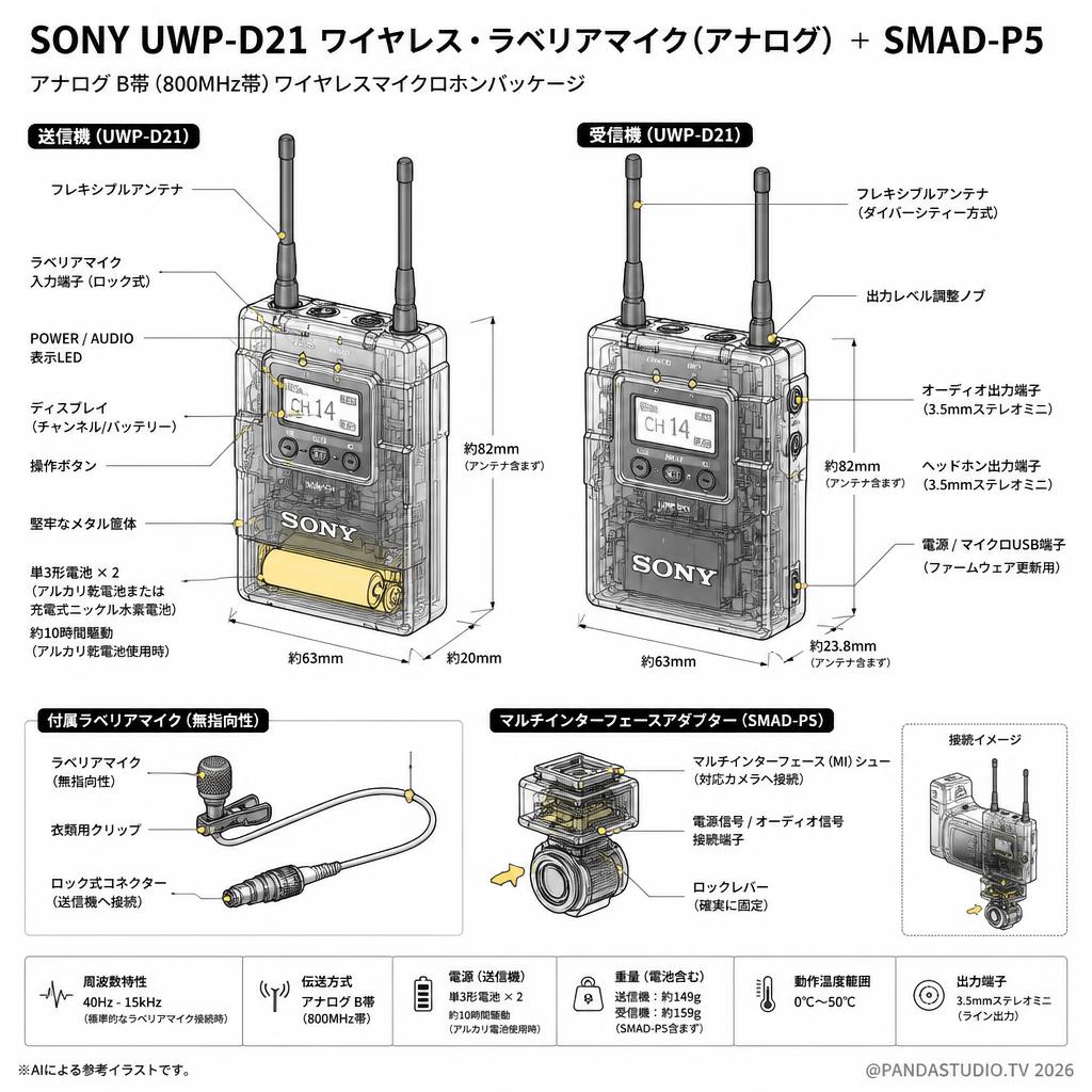 SONY UWP-D21 ワイヤレス・ラベリアマイク（アナログ） ＋ SMAD-P5 スペック