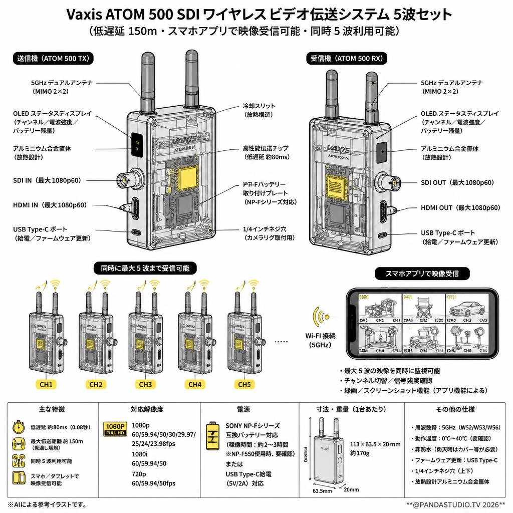 Vaxis ATOM 500 SDI Wireless Video Transmission System 5波セット（低遅延 150ｍ・スマホアプリで映像受信可能・同時5波利用可能） スペック