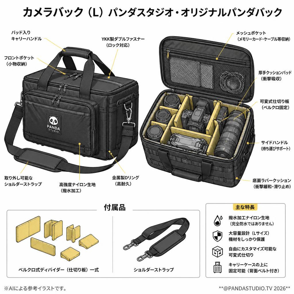 カメラバック（L）パンダスタジオ・オリジナルパンダバック スペック