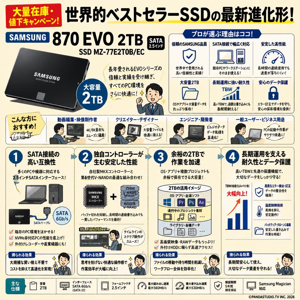 【大量在庫・値下キャンペーン】Samsung 870 EVO  2TB  SSD MZ-77E2T0B/EC 概要