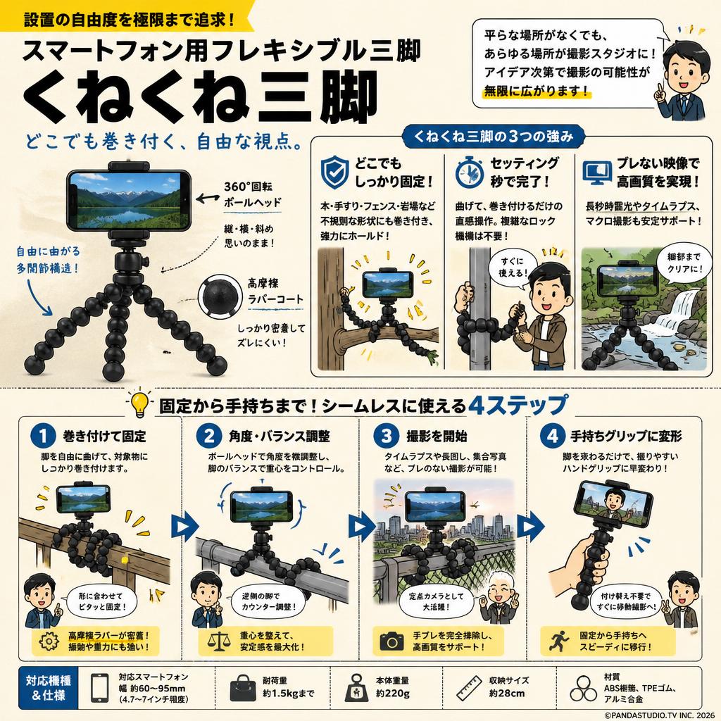 スマートフォン用フレキシブル三脚　くねくね三脚 概要
