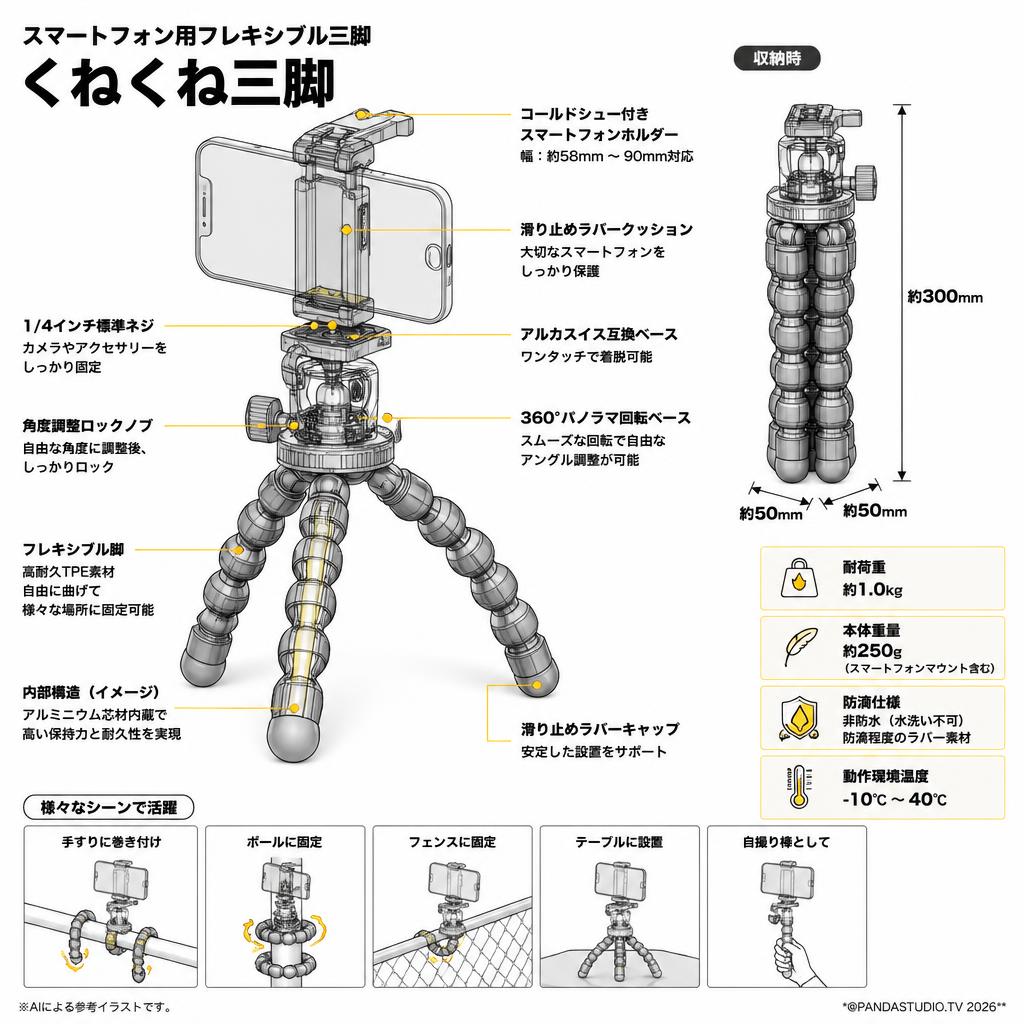 スマートフォン用フレキシブル三脚　くねくね三脚 スペック