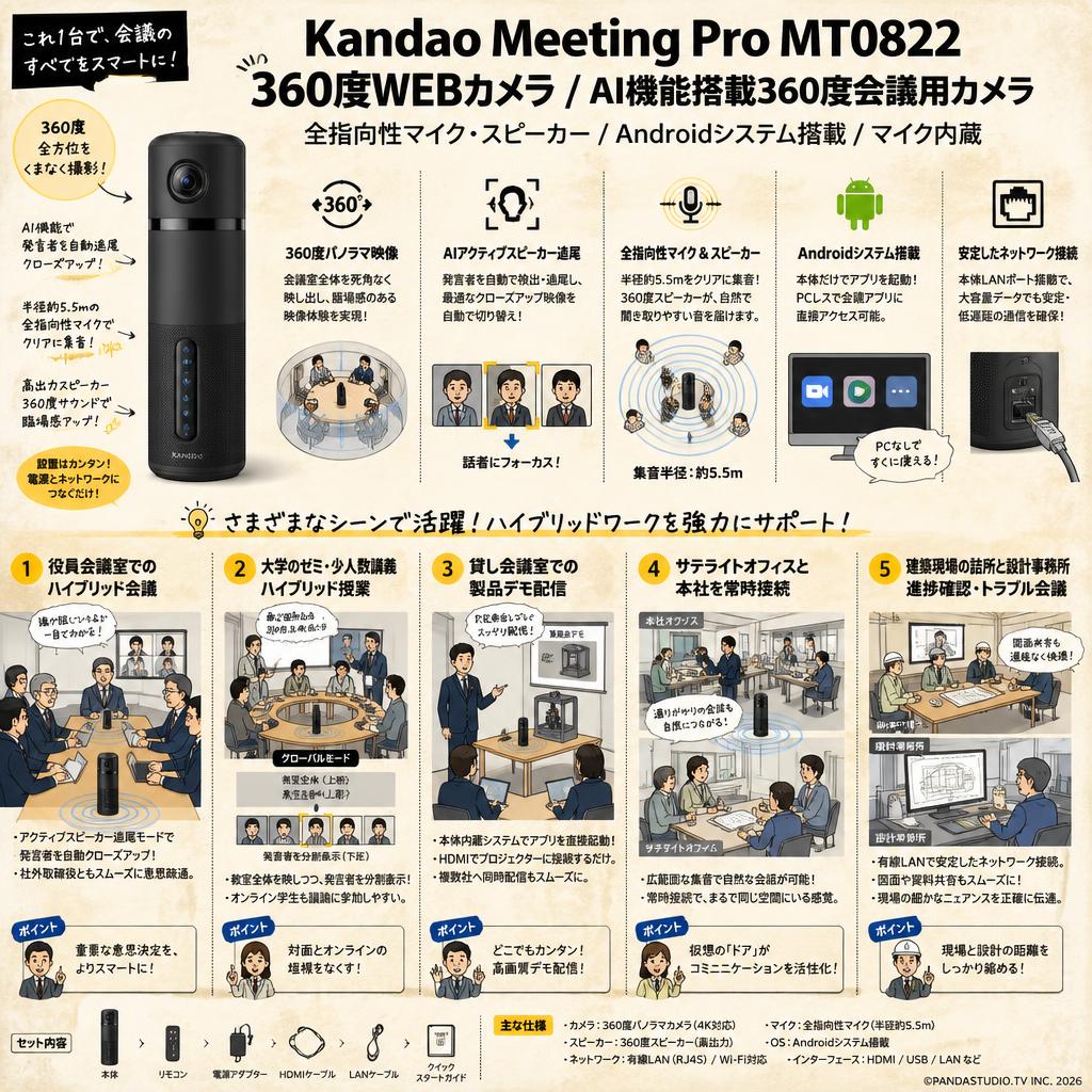 Kandao Meeting Pro MT0822 360度WEBカメラ 360度ウェブカメラ AI機能搭載360度会議用カメラ 全指向性マイク スピーカー Androidシステム搭載 マイク内蔵 用途