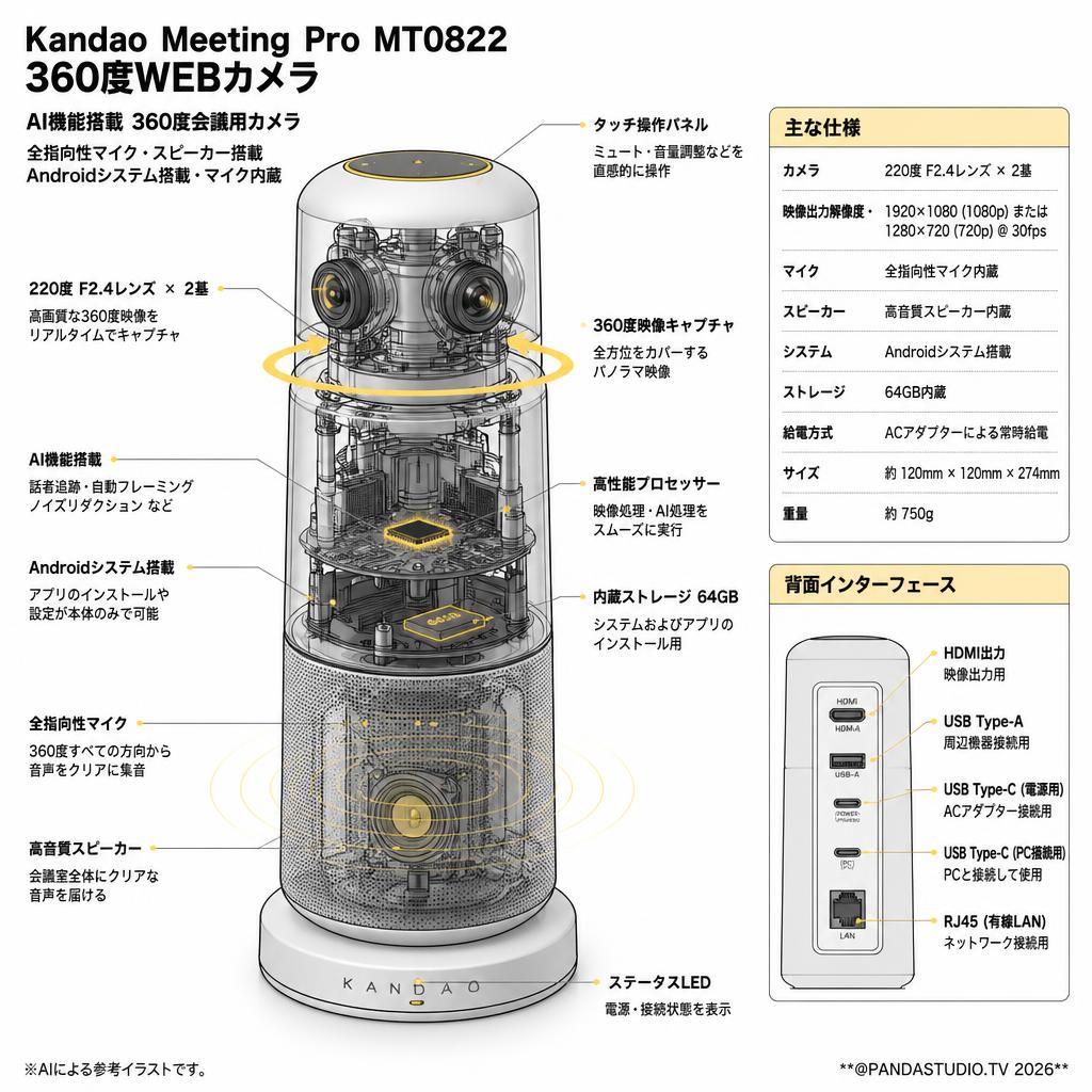 Kandao Meeting Pro MT0822 360度WEBカメラ 360度ウェブカメラ AI機能搭載360度会議用カメラ 全指向性マイク スピーカー Androidシステム搭載 マイク内蔵 スペック