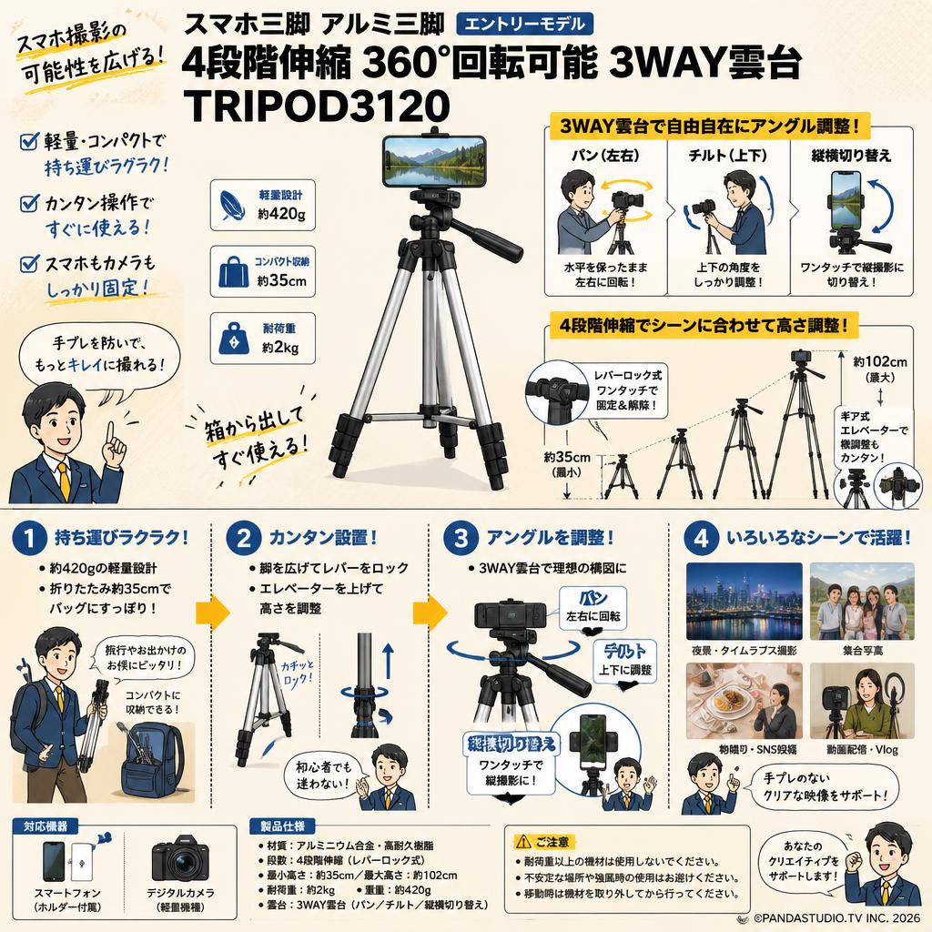 スマホ三脚 アルミ三脚　4段階伸縮 360°回転可能 3WAY雲台 TRIPOD3120 概要